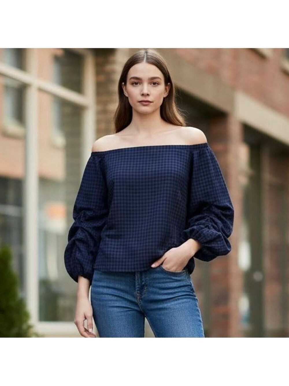 Anthropologie Guest Editor Gridwork Off The Shoulder Blouse top plaid Cotton S